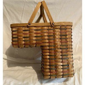 Vintage Wood Wicker Stair Step Basket Wood Handle